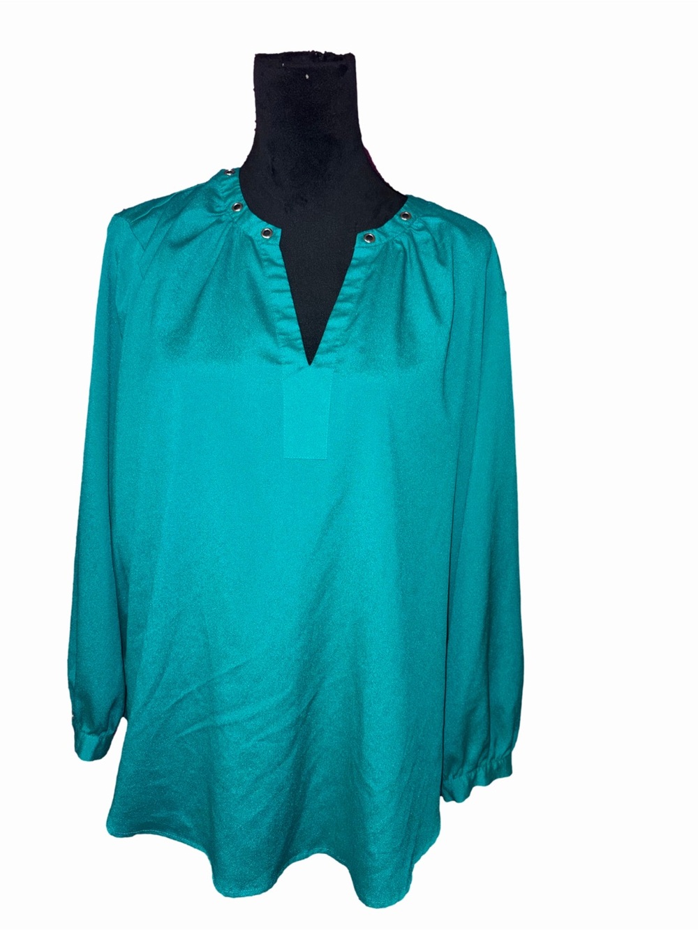 🆕💜 New York & Company Teal Split Neck Eyelet Blouse Long Sleeve XL